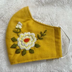 Pure Linen face mask - hand embroidered- Mustard/Gold